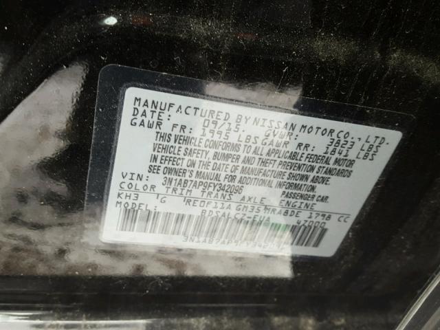 3N1AB7AP9FY342096 - 2015 NISSAN SENTRA S BLACK photo 10