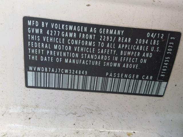 WVWDB7AJ7CW324849 - 2012 VOLKSWAGEN GOLF WHITE photo 10