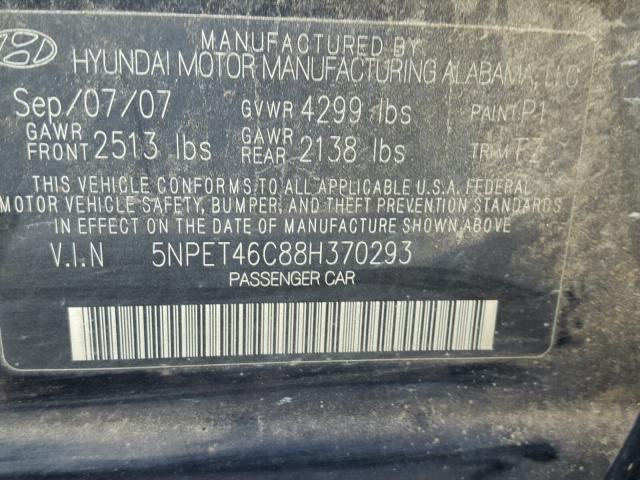 5NPET46C88H370293 - 2008 HYUNDAI SONATA GLS BLUE photo 10