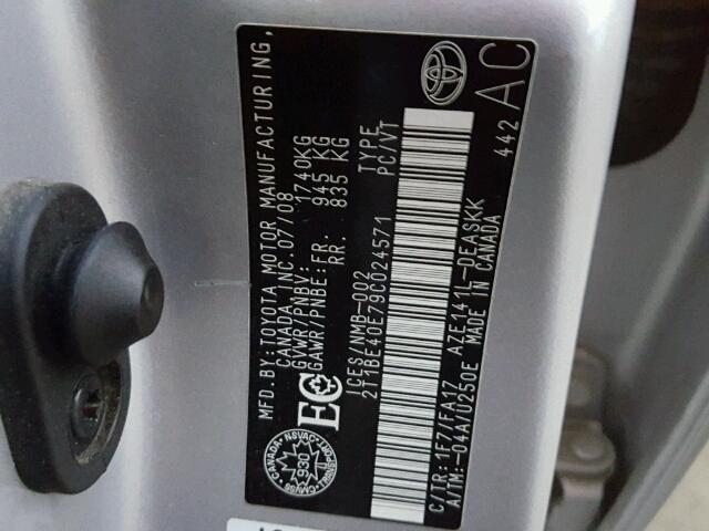 2T1BE40E79C024571 - 2009 TOYOTA COROLLA XR SILVER photo 10