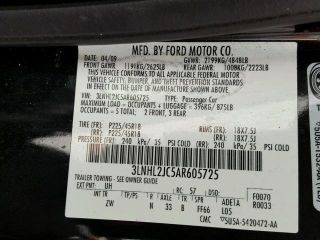 3LNHL2JC5AR605725 - 2010 LINCOLN MKZ BLACK photo 10