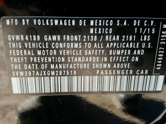 3VW267AJXGM287519 - 2016 VOLKSWAGEN JETTA S 黑色 照片 10