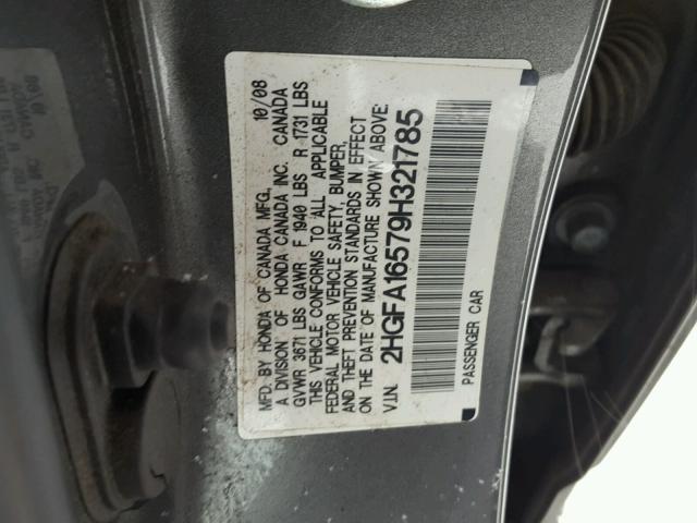 2HGFA16579H321785 - 2009 HONDA CIVIC LX GRAY photo 10