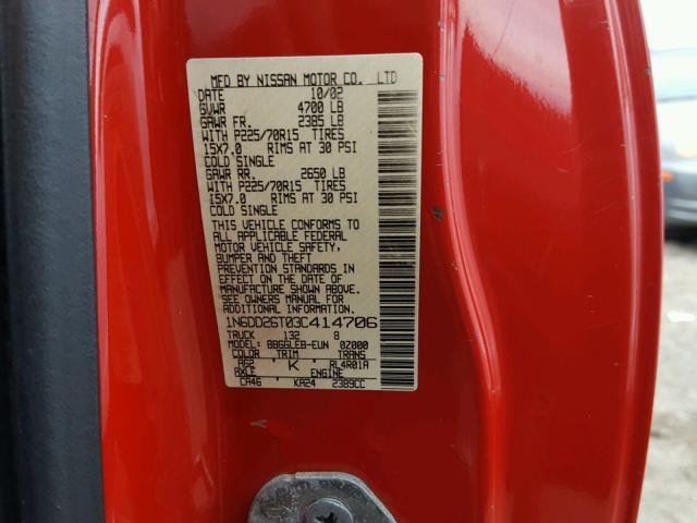 1N6DD26T03C414706 - 2003 NISSAN FRONTIER K RED photo 10