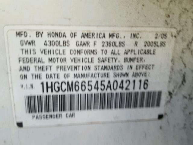 1HGCM66545A042116 - 2005 HONDA ACCORD EX WHITE photo 10