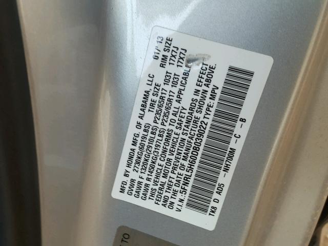 5FNRL5H60DB039022 - 2013 HONDA ODYSSEY EX SILVER photo 10