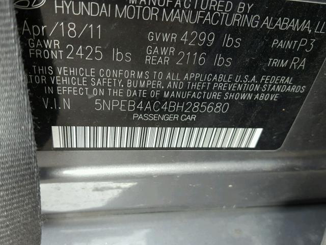 5NPEB4AC4BH285680 - 2011 HYUNDAI SONATA GLS GRAY photo 10