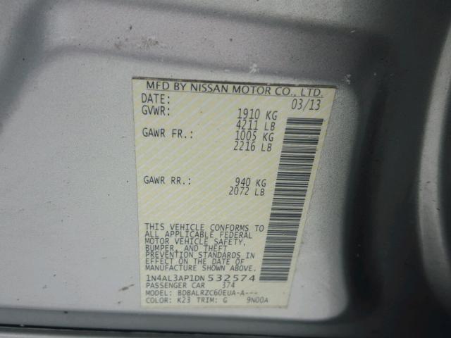 1N4AL3AP1DN532574 - 2013 NISSAN ALTIMA 2.5 SILVER photo 10