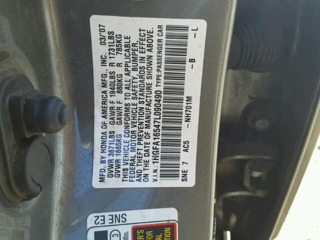 1HGFA16547L090490 - 2007 HONDA CIVIC LX GRAY photo 10