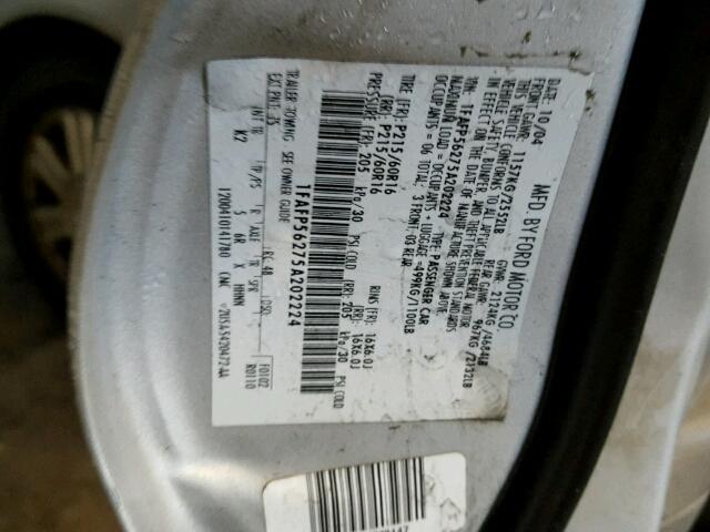 1FAFP56275A202224 - 2005 FORD TAURUS SEL SILVER photo 10