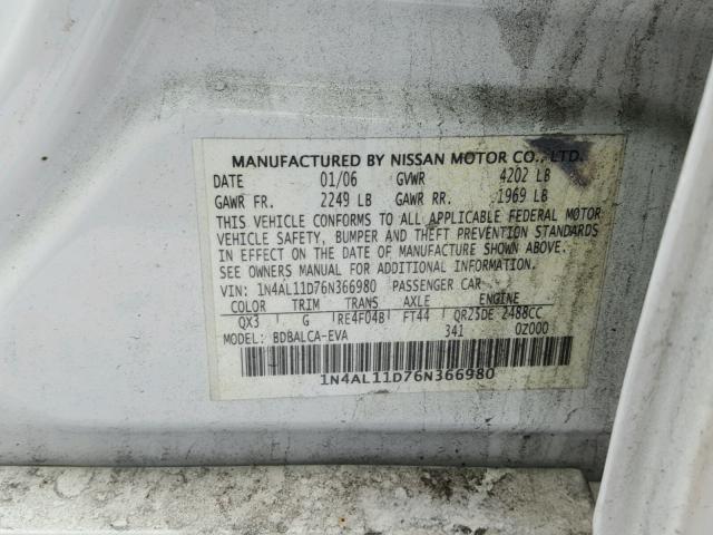 1N4AL11D76N366980 - 2006 NISSAN ALTIMA S WHITE photo 10