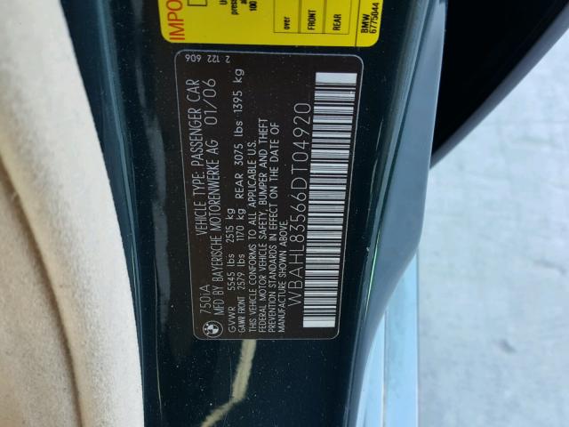 WBAHL83566DT04920 - 2006 BMW 750 I GREEN photo 10