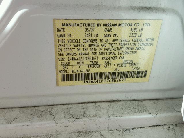 1N4BA41E17C863671 - 2007 NISSAN MAXIMA SE WHITE photo 10