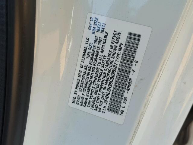 5FNRL5H98CB095587 - 2012 HONDA ODYSSEY TO WHITE photo 10