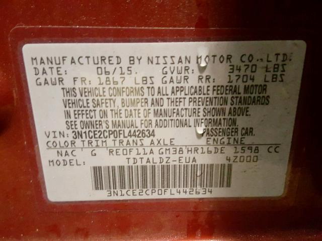 3N1CE2CP0FL442634 - 2015 NISSAN VERSA NOTE RED photo 10