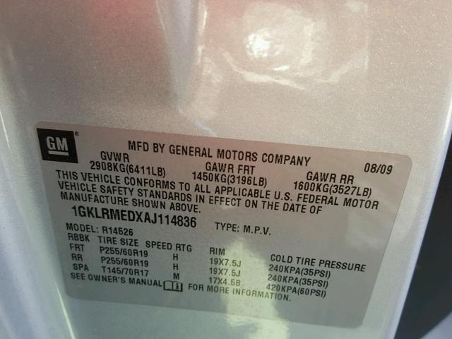 1GKLRMEDXAJ114836 - 2010 GMC ACADIA SLT ვერცხლისფერი ფოტო 10