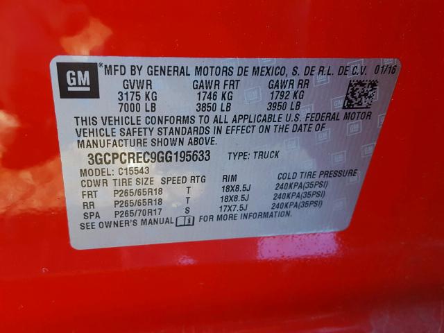 3GCPCREC9GG195633 - 2016 CHEVROLET SILVERADO RED photo 10