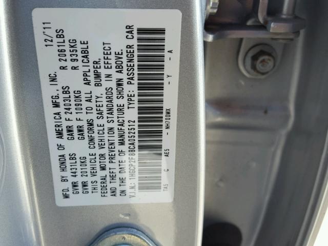 1HGCP2F88CA052512 - 2012 HONDA ACCORD EXL SILVER photo 10