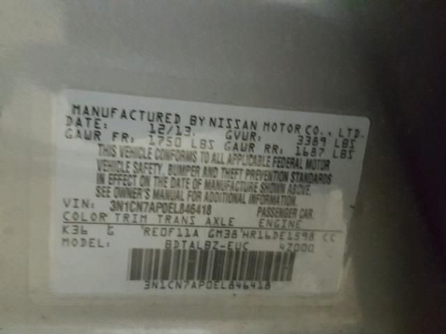 3N1CN7AP0EL846418 - 2014 NISSAN VERSA S CHARCOAL photo 10