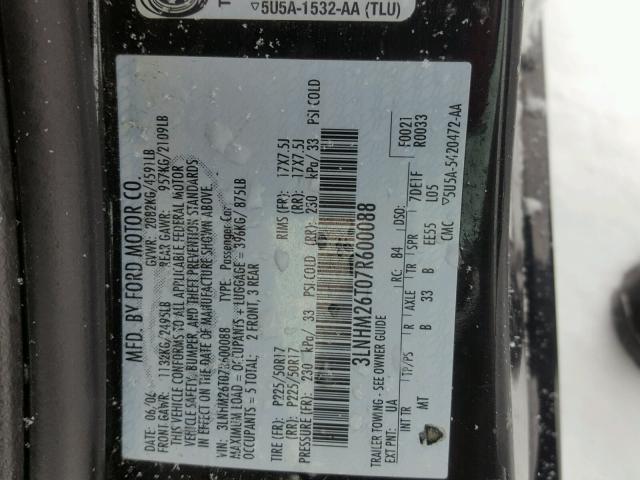 3LNHM26T07R600088 - 2007 LINCOLN MKZ BLACK photo 10