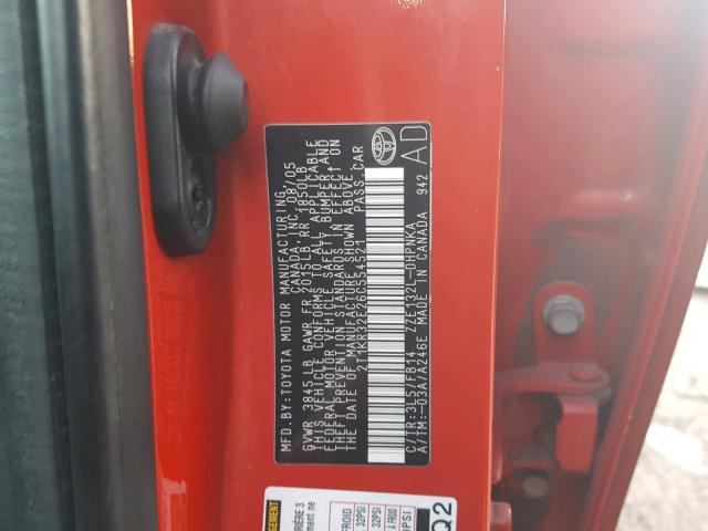 2T1KR32E26C554521 - 2006 TOYOTA COROLLA MA RED photo 10