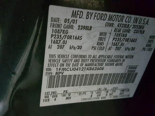 1FMCU04121KB62606 - 2001 FORD ESCAPE XLT GREEN photo 10