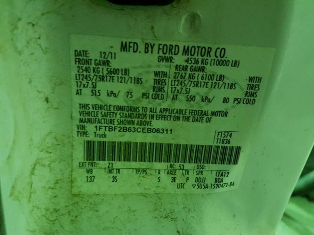 1FTBF2B63CEB06311 - 2012 FORD F250 SUPER WHITE photo 10