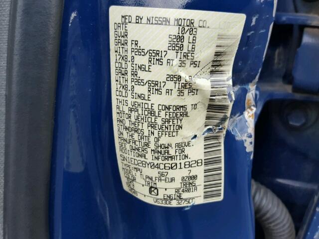 5N1ED28Y04C601828 - 2004 NISSAN XTERRA XE BLUE photo 10