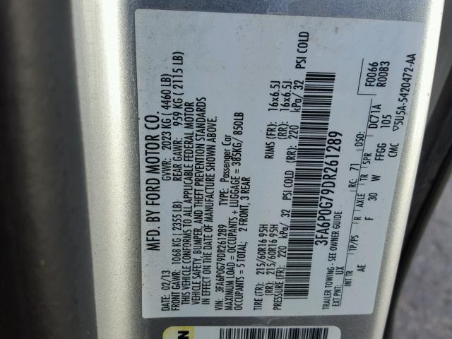 3FA6P0G79DR261289 - 2013 FORD FUSION S SILVER photo 10