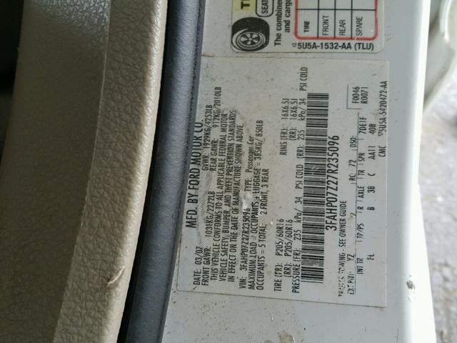 3FAHP07Z27R235096 - 2007 FORD FUSION SE WHITE photo 10