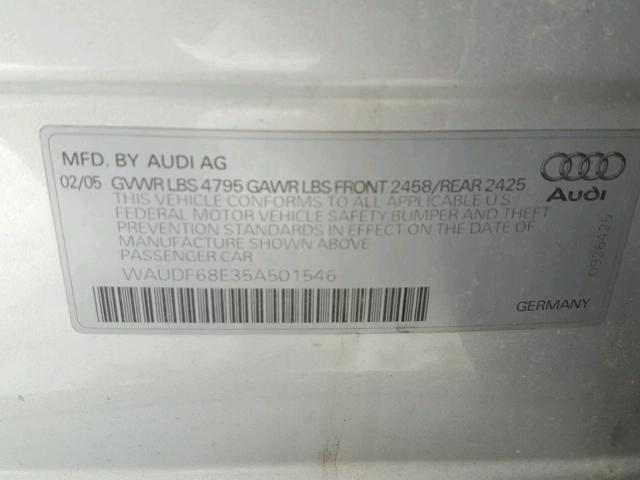 WAUDF68E35A501546 - 2005 AUDI A4 2.0T QU SILVER photo 10