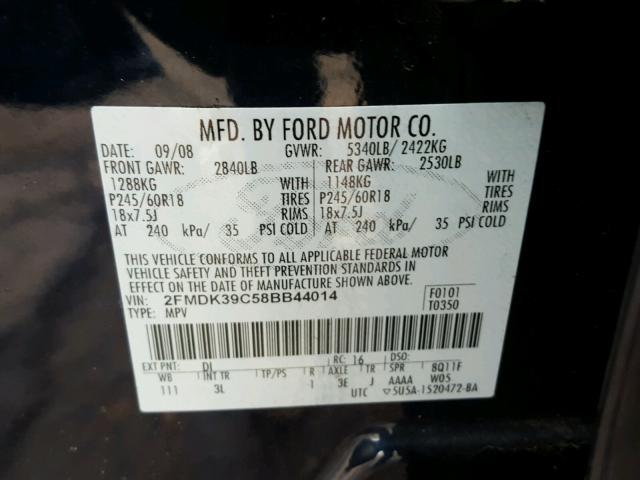 2FMDK39C58BB44014 - 2008 FORD EDGE LIMIT BLACK photo 10