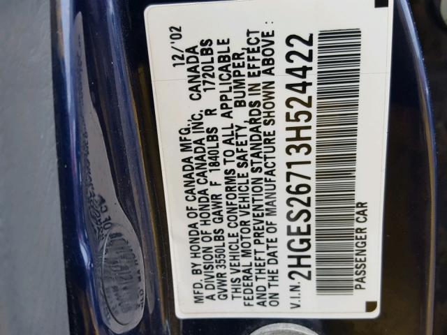 2HGES26713H524422 - 2003 HONDA CIVIC EX BLUE photo 10