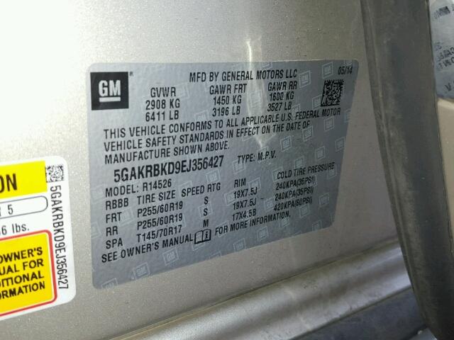 5GAKRBKD9EJ356427 - 2014 BUICK ENCLAVE TAN photo 10