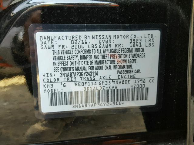 3N1AB7AP3GY243114 - 2016 NISSAN SENTRA S BLACK photo 10