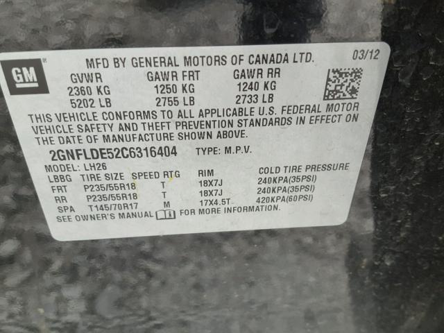 2GNFLDE52C6316404 - 2012 CHEVROLET EQUINOX LT BLACK photo 10