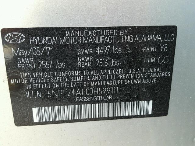 5NPE24AF0JH599111 - 2018 HYUNDAI SONATA SE SILVER photo 10