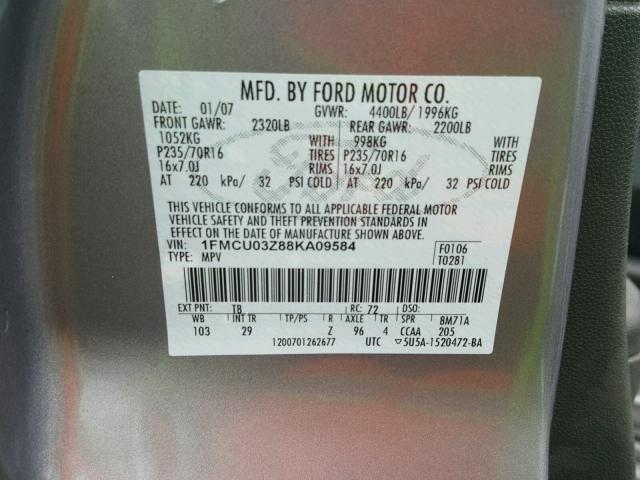 1FMCU03Z88KA09584 - 2008 FORD ESCAPE XLT GRAY photo 10