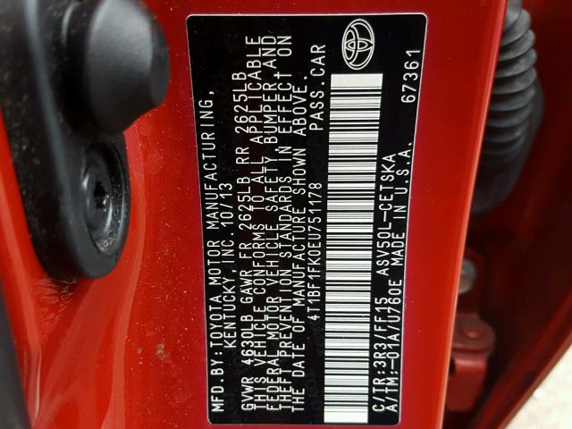 4T1BF1FK0EU751178 - 2014 TOYOTA CAMRY L RED photo 10