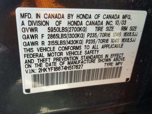 2HKYF18674H517627 - 2004 HONDA PILOT EXL GRAY photo 10