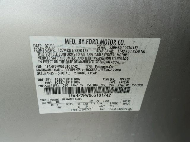 1FAHP2FW0CG101742 - 2012 FORD TAURUS LIM SILVER photo 10