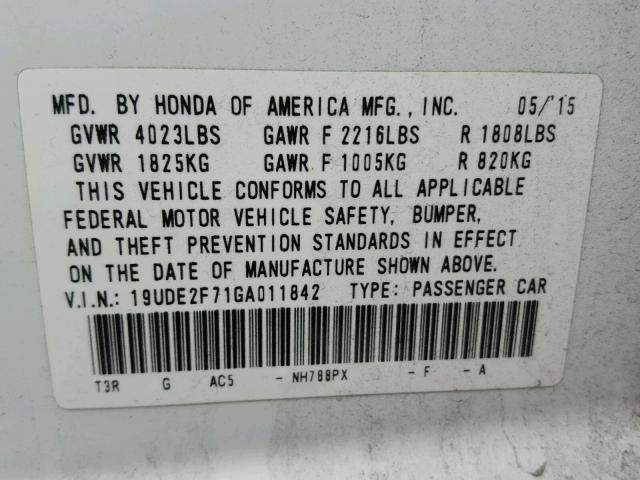 19UDE2F71GA011842 - 2016 ACURA ILX PREMIU WHITE photo 10