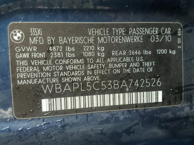 WBAPL5C53BA742526 - 2011 BMW 335 XI 蓝色 照片 10