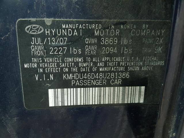 KMHDU46D48U281386 - 2008 HYUNDAI ELANTRA GL BLUE photo 10