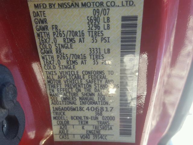 1N6AD06W18C406817 - 2008 NISSAN FRONTIER K RED photo 10