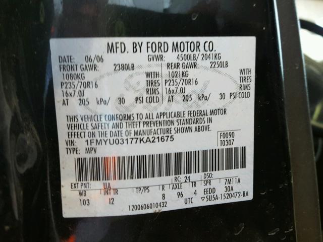 1FMYU03177KA21675 - 2007 FORD ESCAPE XLT BLACK photo 10