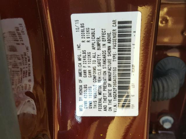 1HGCR2F38GA057150 - 2016 HONDA ACCORD LX BURGUNDY photo 10