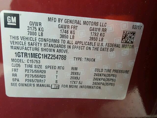 1GTR1MEC1HZ254788 - 2017 GMC SIERRA C15 MAROON photo 10