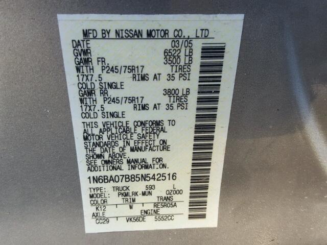 1N6BA07B85N542516 - 2005 NISSAN TITAN XE SILVER photo 10