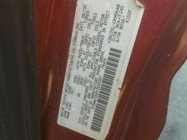 5TEWN72N5YZ685007 - 2000 TOYOTA TACOMA XTR RED photo 10